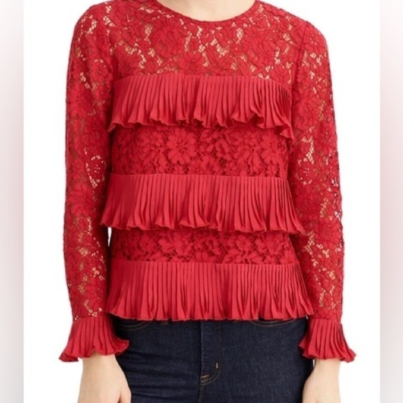 J. Crew Pleated Lace Top In Festive Red - Picture 1 of 11